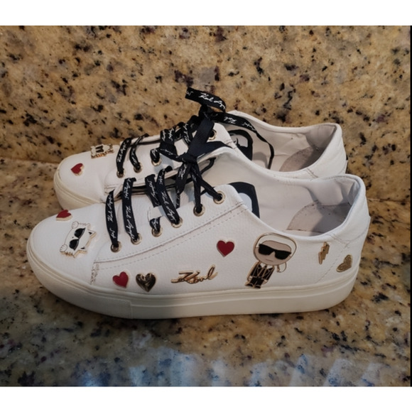 Karl Lagerfeld White Leather Sneakers with Cate Pins Size 7.5/EU 38.5 - Picture 2 of 7